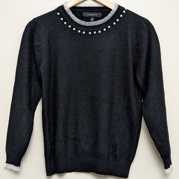 Talbots Sweaters - NWOT Talbots Black & White Pearl Long Sleeve Tulle Neck Sweater Size M & L